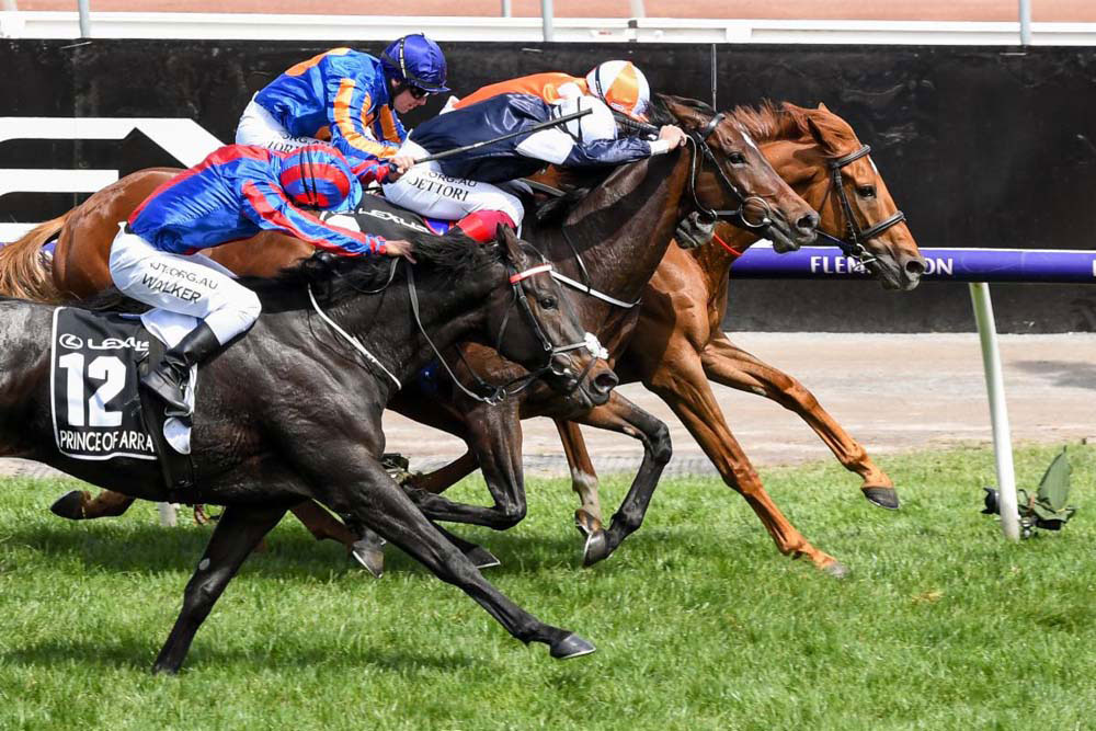 Melbourne Cup: Vow and Declare (orange quartered cap) wins over Master of Reality (white cap) - with Il Paradiso (blue cap) & British trained Prince of Arran (blue/red cap) (Photo Courtesy Racing Photos
